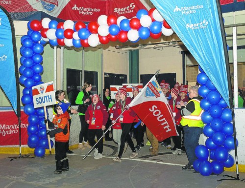 Steinbach’s Brooklyn Wiebe leads Team South into the Manitoba Games opening ceremonies last week. Team South ended up topping the medal standings. (Manitoba Games)