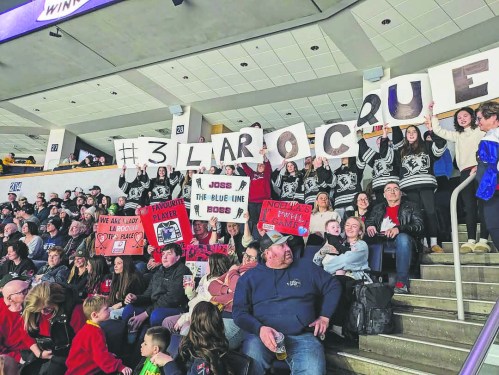 Eastman Selects players support Jocelyne Larocque during the PWHL takeover tour game in Winnipeg. (Chantel Larocque Instagram)
