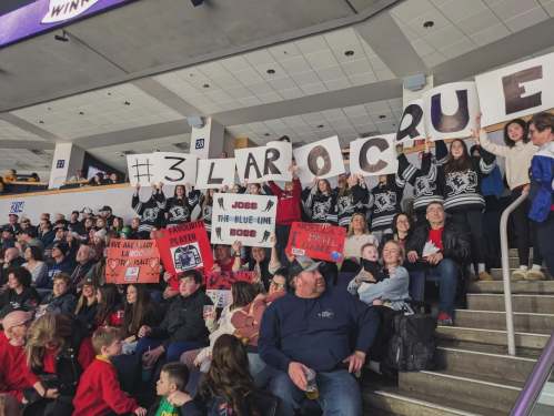 Eastman Selects players support Jocelyne Larocque during the PWHL takeover tour game in Winnipeg. (Chantel Larocque Instagram)
