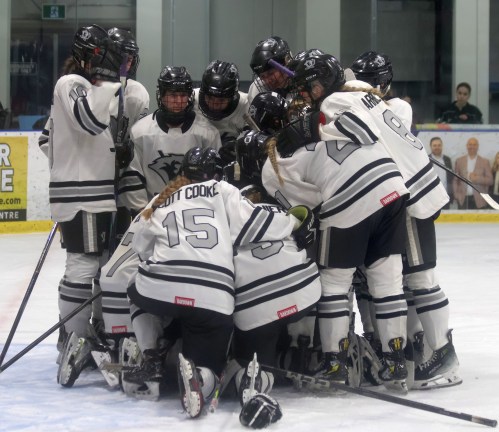 Eastman Selects players gather around goaltender Addie Tomes after losing the MFHL championship in overtime of game four. (Cassidy Dankochik The Carillon)