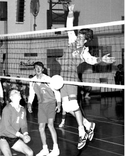 Randy Reimer (12) displays the form that earned him MVP honours as he led the Landmark 96ers to Provincial ‘A’ High School Volleyball Championship in Niverville.