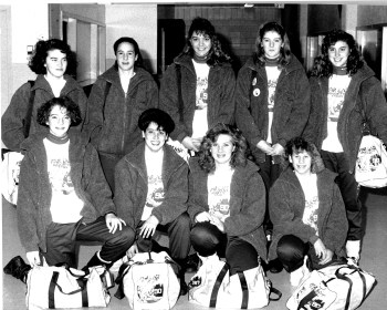 Nine girls from the Southeast will join a Manitoba ringette team that will tour Hong Kong and Japan during the Christmas break. They are, front row: Chantel Morrissette, St Pierre; Sylvie Gautron, St Pierre; Jennifer Smith, Steinbach; Kara Schmidtke, Steinbach. Back row: Laurie Neufeld, Mitchell; Candice Brandt, Mitchell; Joanne LaBossiere, St Pierre; Lynn Morrissette, St Pierre; Francine LaBossiere, St Pierre.