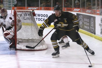 Brandon Wheat Kings forward Luke Mistelbacher (26) as Calgary Hitmen goalie Eric Tu (31) during Game 4 of their Western Hockey League quarterfinal series at Virden's Tundra Oil and Gas Place on Thursday. Calgary won 4-2 to sweep the series. (Perry Bergson/The Brandon Sun)
April 2, 2026