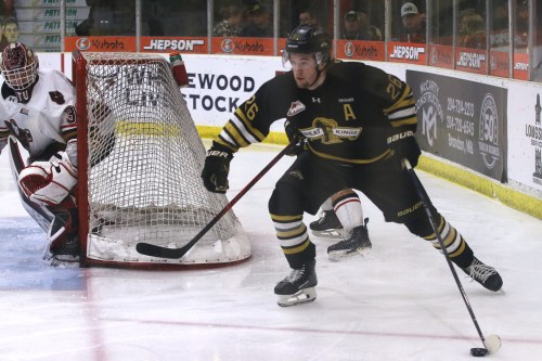 Brandon Wheat Kings forward Luke Mistelbacher (26) as Calgary Hitmen goalie Eric Tu (31) during Game 4 of their Western Hockey League quarterfinal series at Virden's Tundra Oil and Gas Place on Thursday. Calgary won 4-2 to sweep the series. (Perry Bergson/The Brandon Sun)
April 2, 2026