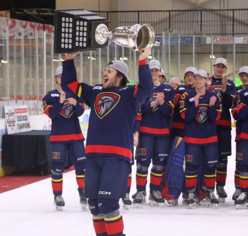 The Niverville Nighthawks celebrate winning the Turnbull Cup. (Cassidy Dankochik The Carillon)