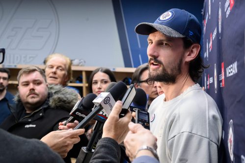 Mike Sudoma/Free Press
Winnipeg Jets goalie Connor Hellebuyck speaks to media at Canada Life Centre Friday afternoon
March 6, 2026