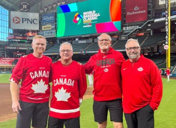David Blatz (far right) and the rest of the Canadian medical staff on the field in Houston. (Submitted)