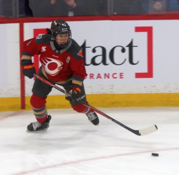 Jocelyne Larocque controls the puck during the PWHL Takeover Tour game in Winnipeg earlier this year. Larocque's Ottawa Charge team clinched a playoff spot on the final day of the season. (Cassidy Dankochik The Carillon)