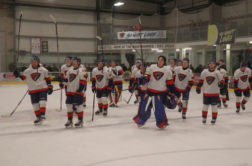 Niverville players salute the crowd after they advanced to the MJHL finals. (Cassidy Dankochik The Carillon)