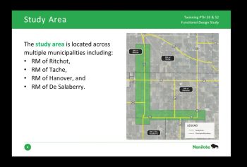 WSP
A screen shot of the presentation from WSP and Manitoba Transportation and Infrastructure to the RM of Ritchot council in early March 2026 on the twinning of highways 59 and 52. The capital project is expected to cost the province $177.9 million and will take at least four years to complete.
