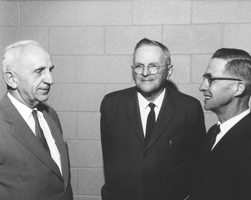 CARILLON ARCHIVES 

Long-time teacher and potato farmer P.S. Guenther (at right), joins J.G. Toews and Martin M. Penner as honoured guests at the 1962 Steinbach Chamber of Commerce banquet. The three were original members of the Steinbach Board of Trade, organized in 1928, which became the Steinbach Chamber of Commerce in the 1950s.