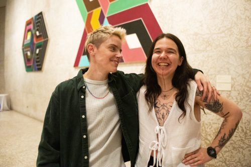 SVJETLANA MLINAREVIC THE CARILLON
Parker Marron (left), a former Kleefeld resident, looks at Sunday Queskekapow who was part of a panel that discussed LGBTQ+ issues and findings of the first LGBTQ+ survey to be done in Manitoba, The State of 2SLGBTQ+ Communities in Manitoba, during the Queer Space Speaker Series hosted by the Rainbow Resource Centre (who actioned the survey with Probe Research) at the Winnipeg Art Gallery-Qaumajuq on May 20,2026.