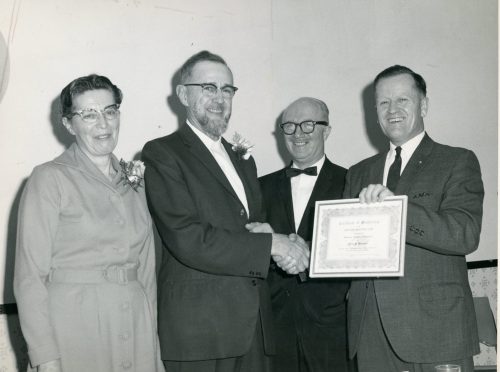 CARILLON ARCHIVE 

In February of 1967, Peter F. Barkman was nominated Centennial Citizen of the Week for his outstanding devotion to community health care through his work with the building and operation of the Bethesda Hospital. In this 1966 photo, Mr. and Mrs. Barkman (at left) are being honoured for his outstanding contribution to the poultry industry.
