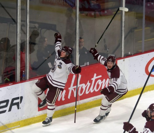 Reid Arberry celebrates a last-second goal for the Flin Flon Bombers during the second period of their 6-4 win over Greater Sudbury. (Cassidy Dankochik The Carillon)
