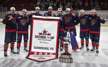 The Nighthawks contingent of 20-year-old players celebrate a Centennial Cup win. (Cassidy Dankochik The Carillon)