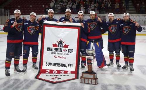 The Nighthawks contingent of 20-year-old players celebrate a Centennial Cup win. (Cassidy Dankochik The Carillon)