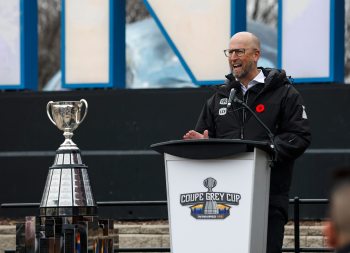 JOHN WOODS / FREE PRESS
Stewart Johnston, CFL Commissioner, speaks during a Grey Cup arrival event at the Forks Sunday, November 9, 2025.   

Reporter: standup