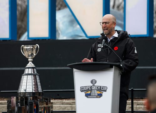 JOHN WOODS / FREE PRESS
Stewart Johnston, CFL Commissioner, speaks during a Grey Cup arrival event at the Forks Sunday, November 9, 2025.   

Reporter: standup