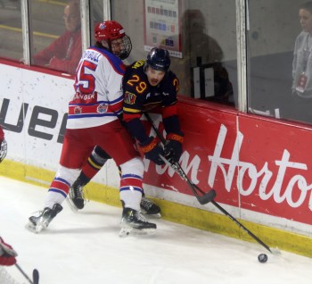 Hayden Wheddon squeezes past a Rockland player during Centennial Cup action in Summerside, P.E.I. May 13. Wheddon's line combined for 10 points in a 7-6 win. (Cassidy Dankochik The Carillon)