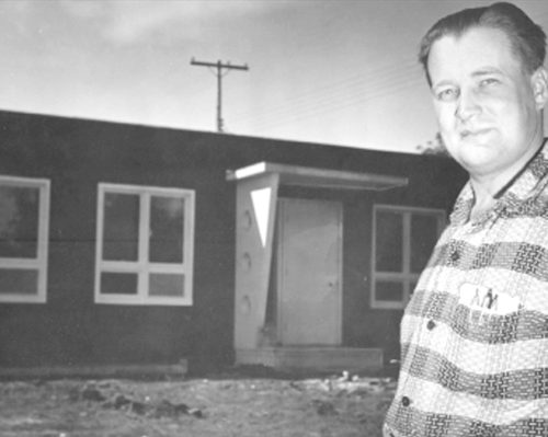 CARILLON ARCHIVES 

In this 1957 photo, Bert Friesen poses in front of Steinbach’s new Kindale School. He was the driving force behind the move to erect the Kindale school building and later helped found the workshop for the continued employment of the intellectually handicapped. Friesen died March 29, 2016. He was 91.