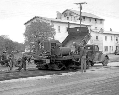 CARILLON ARCHIVES 

A Maple Leaf Construction crew finishes up spreading asphalt for brand new pavement on Steinbach Main Street, in October of 1947. As far as Steinbach is concerned, when it comes to street maintenance, it is a matter of “Maple Leaf Forever” as the company is still the city’s contractor of choice for annual street repairs nearly 80 years later.