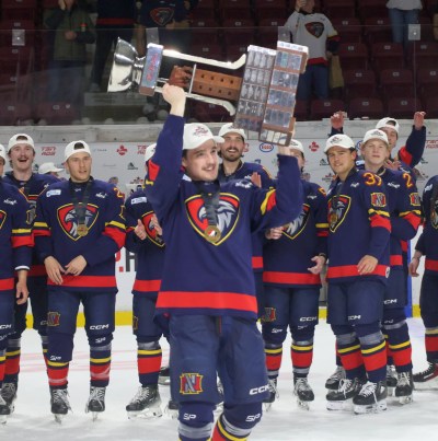 Powered by a pair of goals from Hayden Wheddon and a 34-save performance from Austin Dubinsky, the Niverville Nighthawks claimed the Centennial Cup with a 4-1 win over hosts Summerside in the Centennial Cup. (Cassidy Dankochik The Carillon)