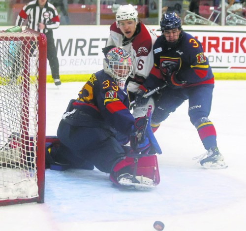 Cassidy Dankochik / The Carillon

Niverville goaltender Austin Dubinsky watches as the puck bounces past his net during game 4 of the MJHL Final in Virden on Thursday.