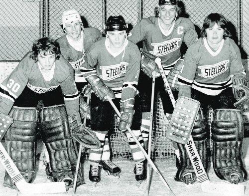 Getting the puck past these five members of the 1973-74 Selkirk Steelers proved to be a tough chore as the five Steinbach hockey stars helped the team capture a national junior hockey title. Chester Reimer, Ray Mutcheson, Randy Reimer, Ken Neufeld and Andy Stoesz were part of the 1974 Centennial Cup winners inducted to the Manitoba Hockey Hall of Fame and the Manitoba Sports Hall of Fame. (Carillon Archives)