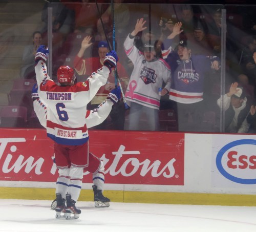 Ryder Howatt celebrates with the hometown fans in Summerside after scoring to give his team the lead. (Cassidy Dankochik The Carillon)