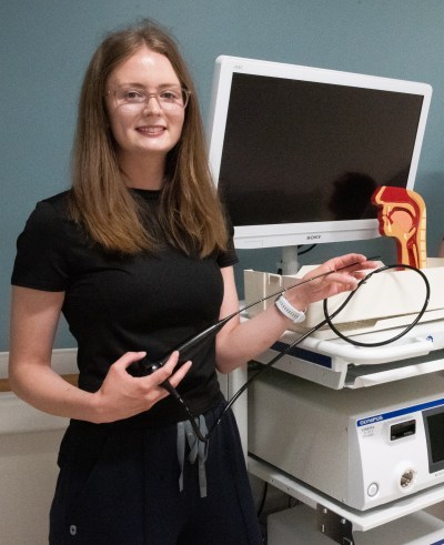 SVJETLANA MLINAREVIC THE CARILLON
Camryn Turton, a speech language pathologist at Bethesda Regional Health Centre, holds one of two fiberoptic endoscopic evaluation of swallowing system (FEES System) medical devices at Bethesda. The hospital received two FEES Systems with a generous donation from the Bethesda Foundation of  $150,000 to purchase of the devices. The endoscope is inserted into the nose and down the throat to see how someone is swallowing to determine what might be causing difficulties for them to eat and breathe. Bethesda is one of three hospitals in the province to have a FEES System.