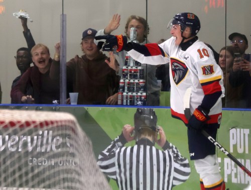 Evan Panzer celebrates a goal during the Niverville Nighthawks home opener, the first event The Carillon covered this hockey season. (Cassidy Dankochik Carillon Archives)