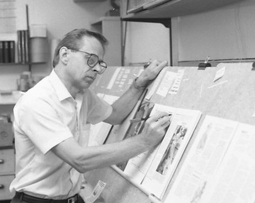 CARILLON ARCHIVES 

In this 1989 photograph, Abe Warkentin, editor of the Mennonitische Post examines materials for the first issue of Das Blatt, a German-Language magazine for young people in Mennonite colonies in Central and South America.