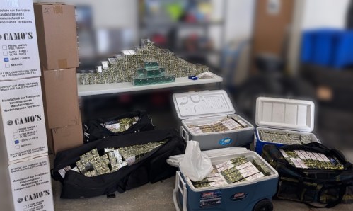 RCMP HANDOUT 

Police seized 800 cartons of cigarettes in an arrest that began with a speeding vehicle near Dufresne.