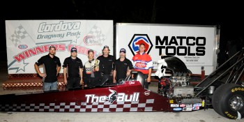 The crew of Grunthal dragster The Bull in the winners’ circle at Cordova Dragway Park in Illinois after the 3,500 horsepower monster won the quarter-mile final in 5.379 seconds and 267.96 mph. From left; Dave Bakx, Rob Schultz, Gord Gingles (driver), Cliff Bakx, Scott Gusey and NHRA representative Matt Levonas.