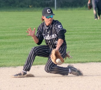 Cedric Lagasse backhands a ground ball during MJBL action at A.D. Penner Park July 3. (Cassidy Dankochik The Carillon)