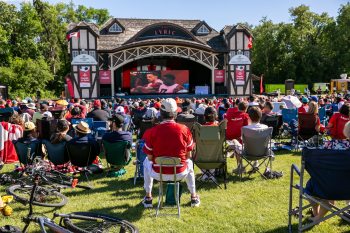 BROOK JONES/FREE PRESS
The Assiniboine Park Conservancy hosts an outdoor watch party of the 2026 FIFA World Cup match between Canada and Qatar on a  giant screen at the Lyric Theatre at Assiniboine Park in Winnipeg, Man., Thursday, June 18, 2026. Pictured: Hundreds of soccer fans attend the watch party.