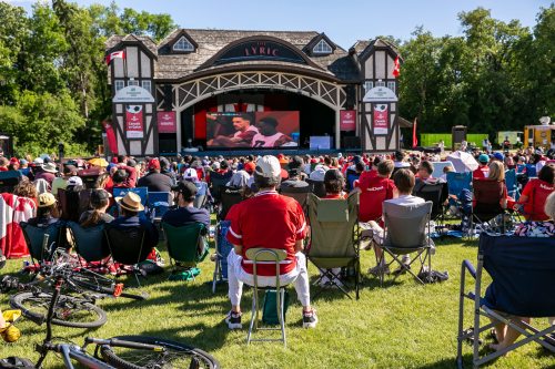 BROOK JONES/FREE PRESS
The Assiniboine Park Conservancy hosts an outdoor watch party of the 2026 FIFA World Cup match between Canada and Qatar on a  giant screen at the Lyric Theatre at Assiniboine Park in Winnipeg, Man., Thursday, June 18, 2026. Pictured: Hundreds of soccer fans attend the watch party.