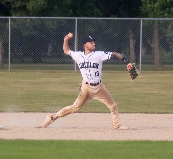 Yanykk Nadeau looks to turn a double play during the Carillon Sultans' final game of the Winnipeg Senior Baseball League regular season Aug. 4. (Cassidy Dankochik The Carillon)