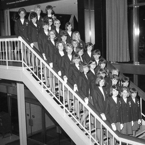 CARILLON ARCHIVES 

The Treble Teens pose for a photo on the stairs at the Winnipeg Airport, just before taking off on a 1967 Centennial tour of Eastern Canada, which included appearances in Halifax, Montreal, Ottawa and Toronto.