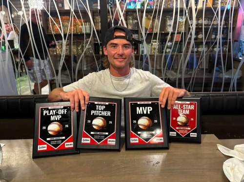Cedric Lagasse shows off the awards he won following the conclusion of the 2026 Manitoba Junior Baseball League season. The awards were presented at the 22U national championships. (Chantal Lagasse)