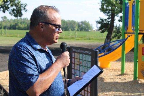 GREG VANDERMEULEN THE CARILLON 

RM of Ritchot Ward 1 Coun. Shane Pelletier spoke at play structure opening.