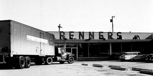 CARILLON ARCHIVES 

A semi-trailer pulls into the Penner Tom-Boy huge parking lot to deliver another car-load of groceries to stock the shelves of the Penner family’s new store on Main Street in 1960.