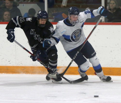 Brett Kaiser battles with a Dauphin player in the HyLife Centre in La Broquerie. (Cassidy Dankochik The Carillon)