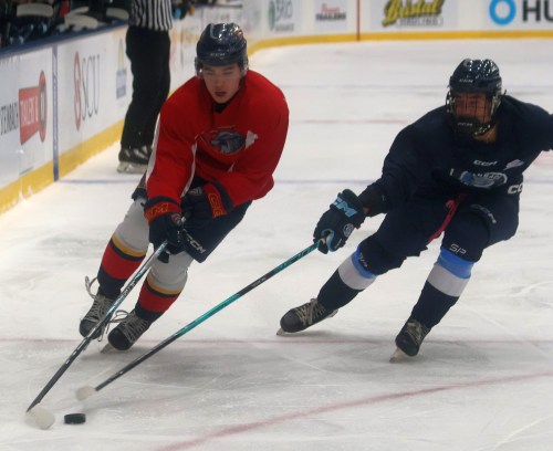 Jaden Mah carries the puck up the ice for the Niverville Nighthawks during MJHL pre-season action in Steinbach Sept. 12. (Cassidy Dankochik The Carillon)