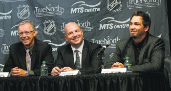 From left, Dennis Beyak and Brian Munz will be play-by-play announcers on TSN Jets and 1290 Sports Radio with Shane Hnidy  the colour man. The announcement was made at a news conference in the MTS Centre re:the deal to have all Winnipeg Jets games on TSN Regional TV and 1290 Sports Radio for 10 years.  Ed Tait/Gary Lawless story (WAYNE GLOWACKI/WINNIPEG FREE PRESS) Winnipeg Free Press August 31 2011