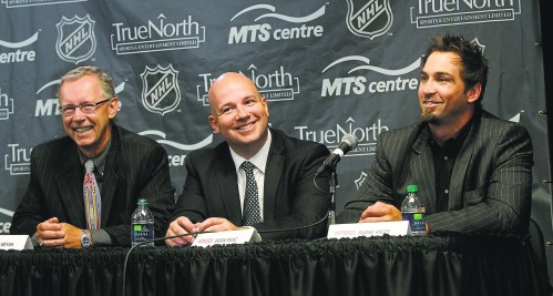 From left, Dennis Beyak and Brian Munz will be play-by-play announcers on TSN Jets and 1290 Sports Radio with Shane Hnidy  the colour man. The announcement was made at a news conference in the MTS Centre re:the deal to have all Winnipeg Jets games on TSN Regional TV and 1290 Sports Radio for 10 years.  Ed Tait/Gary Lawless story (WAYNE GLOWACKI/WINNIPEG FREE PRESS) Winnipeg Free Press August 31 2011