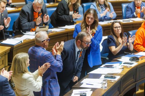 MIKE DEAL WINNIPEG FREE PRESS ARCHIVES 

Interim leader of the official opposition, Konrad Narth (La Vérendrye), is given a standing ovation by his party during Question Period in the Manitoba Legislature on Sept. 29.