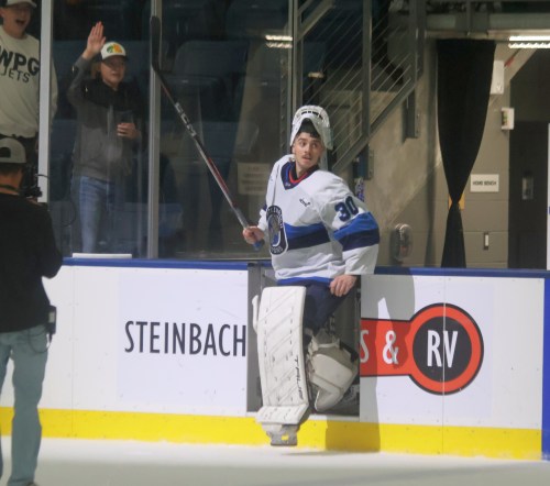 Lincoln Molind was named the first star of the game after Steinbach's home opener, a key game in the 2006-born's path to being named the MJHL's goaltender of the month for September. (Cassidy Dankochik The Carillon)