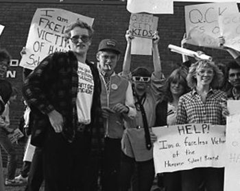CARILLON ARCHIVES 

Approximately 150 angry students from the Steinbach Regional Secondary School mobbed the Hanover School Division offices, to protest the last-minute cancellation of a rock concert at the school, which was scheduled for the day of school board elections, leaving student council in the lurch.