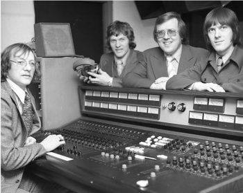 CARILLON ARCHIVES 

John Hildebrand and his brother Harry, and Ron and Ted Paley around the Century 21 control console, which cost around $60,000. No two recording consoles are alike and each is a complex electrical network containing miles of wires, hundreds of control buttons and thousands of connections. At Century 21, a night-time staff makes sure everything always remains in perfect working order.